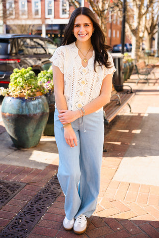 Button front, scallop trim crochet sweater