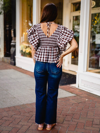 Brown gingham bubble sleeve blouse