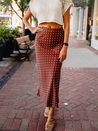 Polka dot linen blend midi skirt