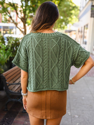 Drop shoulder cable knit sweater