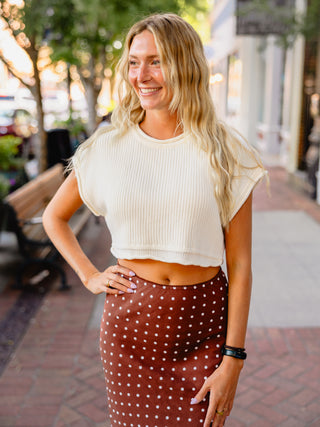 Polka dot linen blend midi skirt