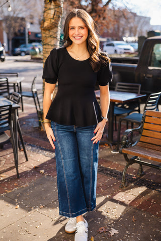 Black puff sleeve peplum top