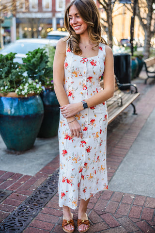 Ivory multi floral print midi dress