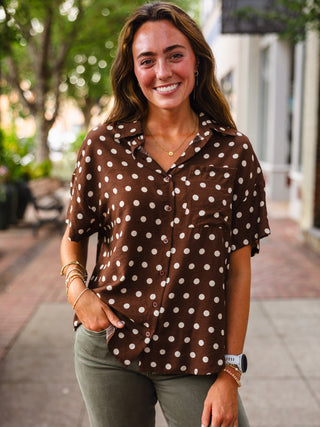 Brown polka dot button down top