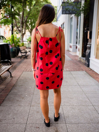 Red & black polka dot barrel dress