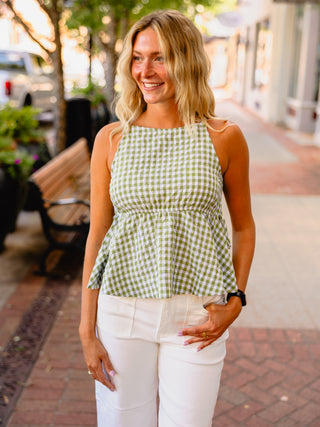 Green gingham sleeveless top