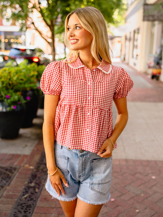 Check button front puff sleeve blouse