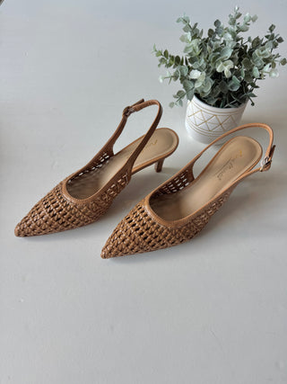 Tan woven sling pump
