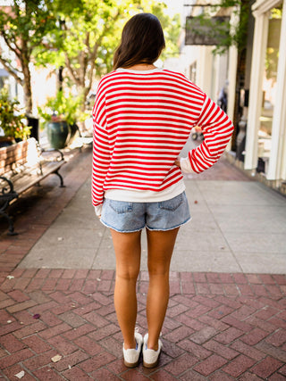 Red & White Striped Textured Pullover