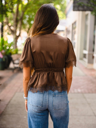 Brown satin lace trim peplum top