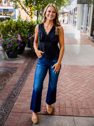 Satin jacquard lace trim top