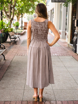Brown smocked gingham midi dress