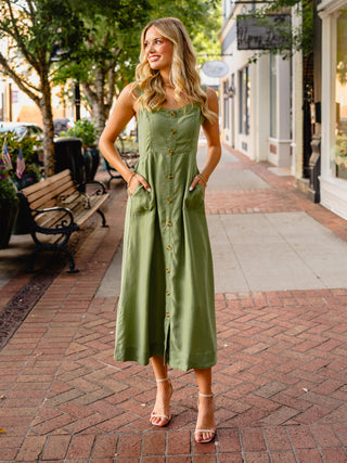 Light olive button down midi dress