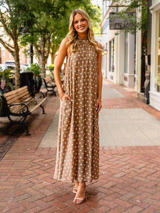 Taupe polka dot halter neck dress