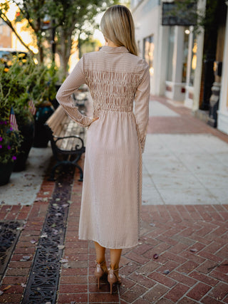 Brown striped LS shirred midi dress