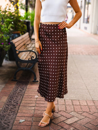 Brown polka dot satin midi skirt