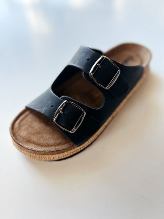 Black double strap slip on sandal