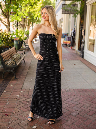 Black polka dot strapless maxi dress