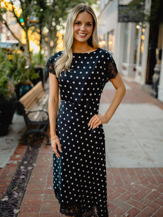 Black polka dot lace trim midi dress