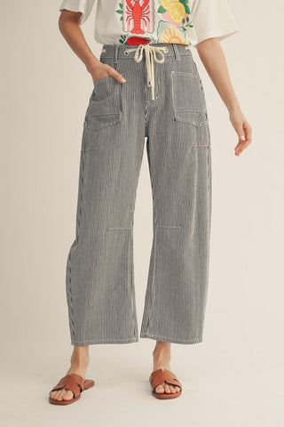 Drawstring waist stripe barrel pants