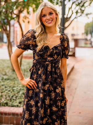 Black floral print midi dress