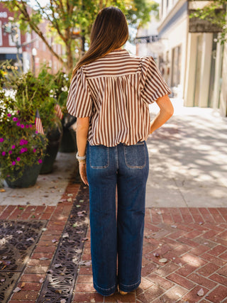 Brown stripe puff sleeve bubble hem blouse