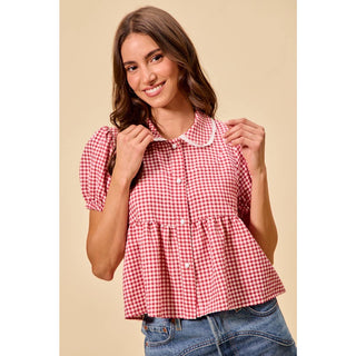 Check button front puff sleeve blouse