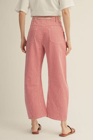 Drawstring waist stripe barrel pants