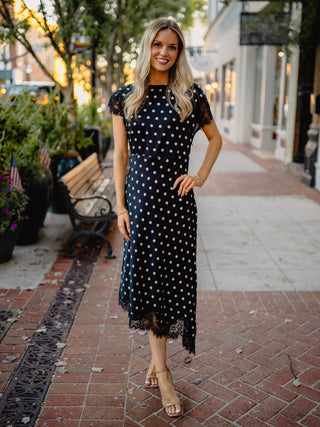 Black polka dot lace trim midi dress