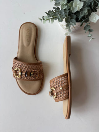 Tan woven slip on sandal