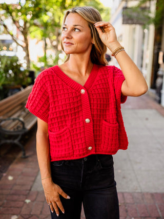 Red waffle texture cardigan
