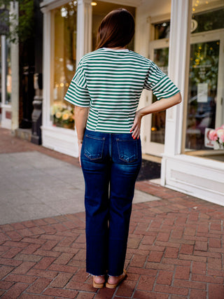 Green & white stripe fitted waist tee