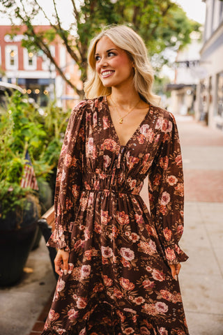 Dark brown floral print long sleeve midi dress