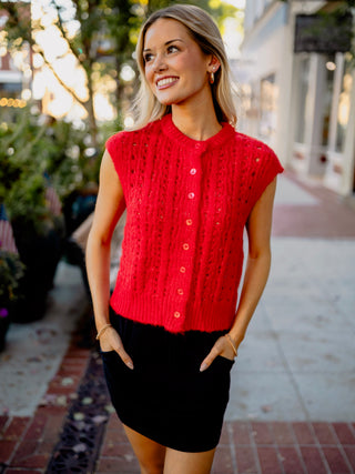 Open knit sleeveless button front top
