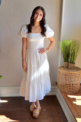 White puff sleeve eyelet midi dress