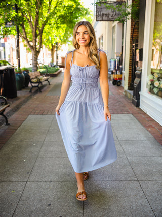 Blue striped sleeveless midi dress