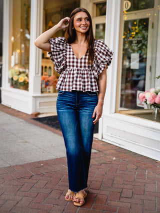 Brown gingham bubble sleeve blouse