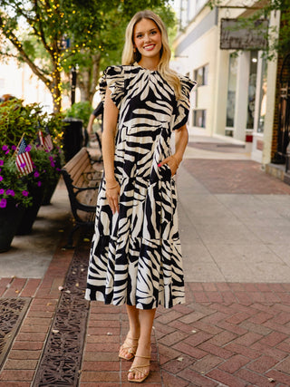 Black & Cream Print Flutter Dress