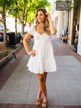 White stripe puff sleeve dress