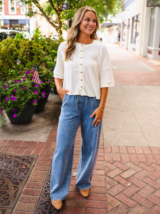 Ivory SS button down cardigan style top