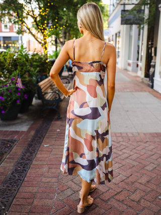 Multi abstract print sleeveless midi dress