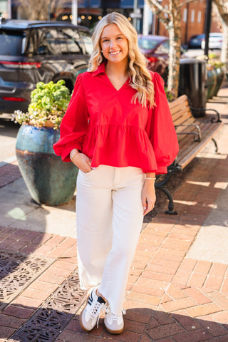 Red balloon sleeve peplum top