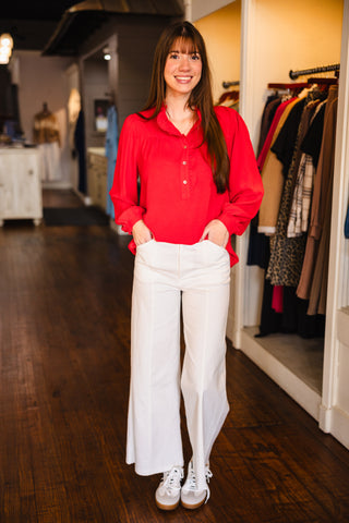 Red ruffle trim blouse