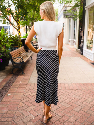 Black striped satin midi skirt