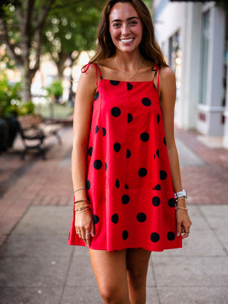 Red & black polka dot barrel dress