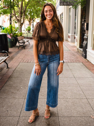Brown satin lace trim peplum top