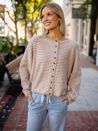 Striped drop shoulder button down cardigan