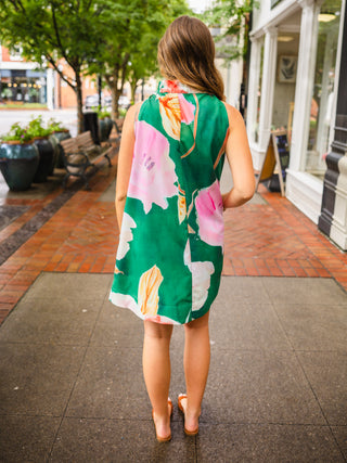 Green Floral Print Sleeveless Dress