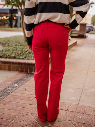 Red high rise straight leg jeans