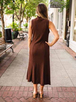 Dark brown crinkled mock neck midi dress